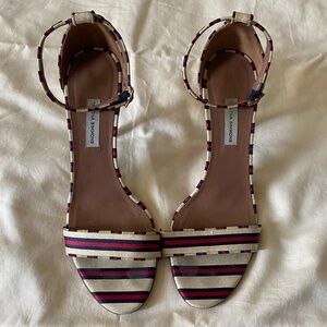 Tabitha Simmons Striped 4" High Heeled One Strap Sandals, Size 10.5